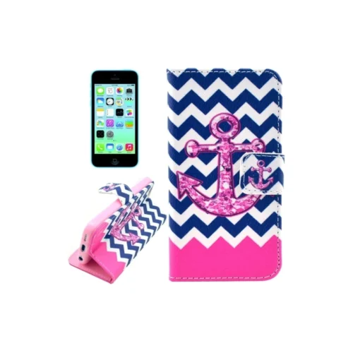 Housse IPhone 5C Rabat Porte-cartes Intégré Motif "ancre Marine" - Rose / Bleu